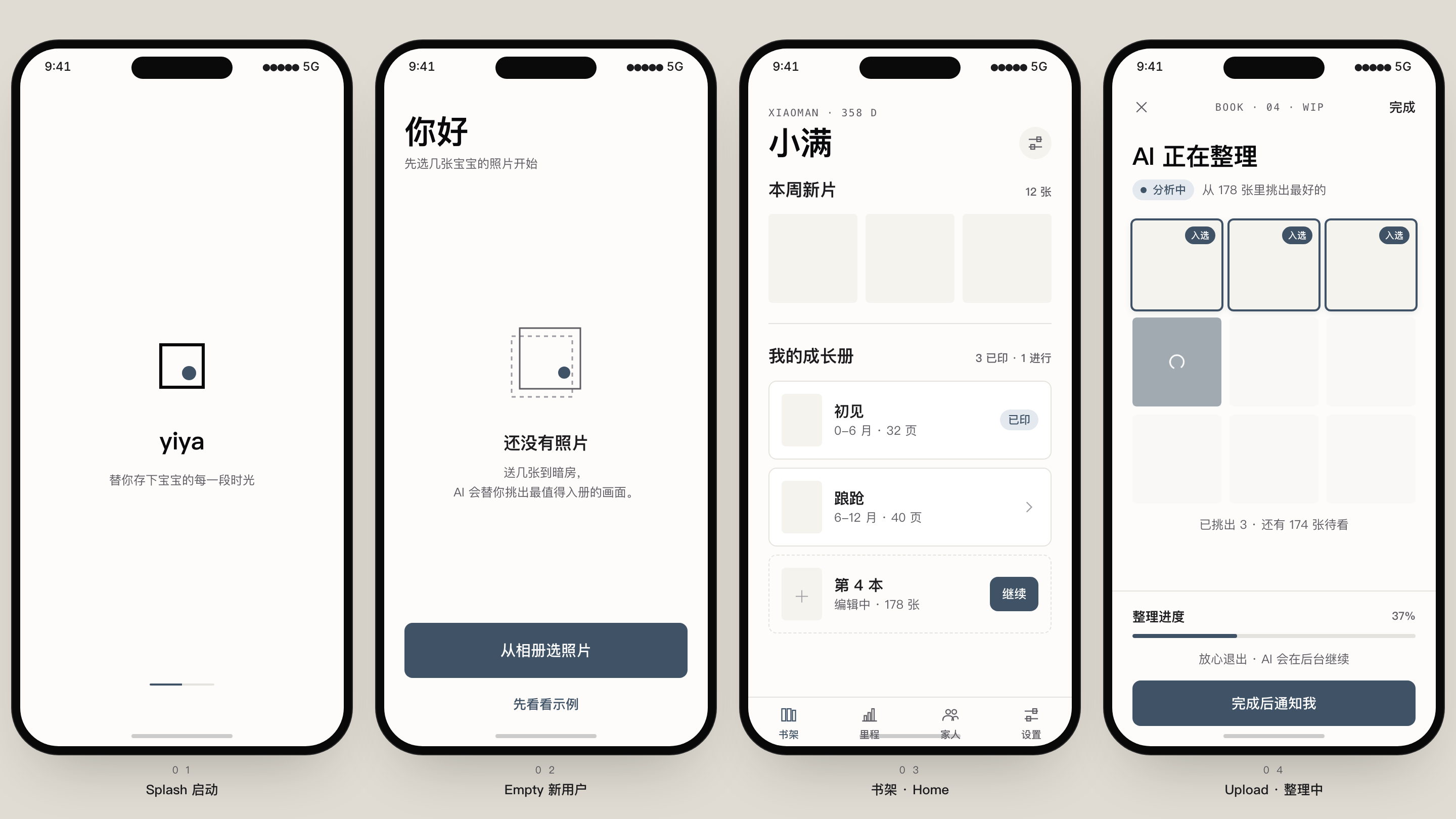 yiya A3 final · 10 屏 App 壳：Splash / Empty / Home / Upload